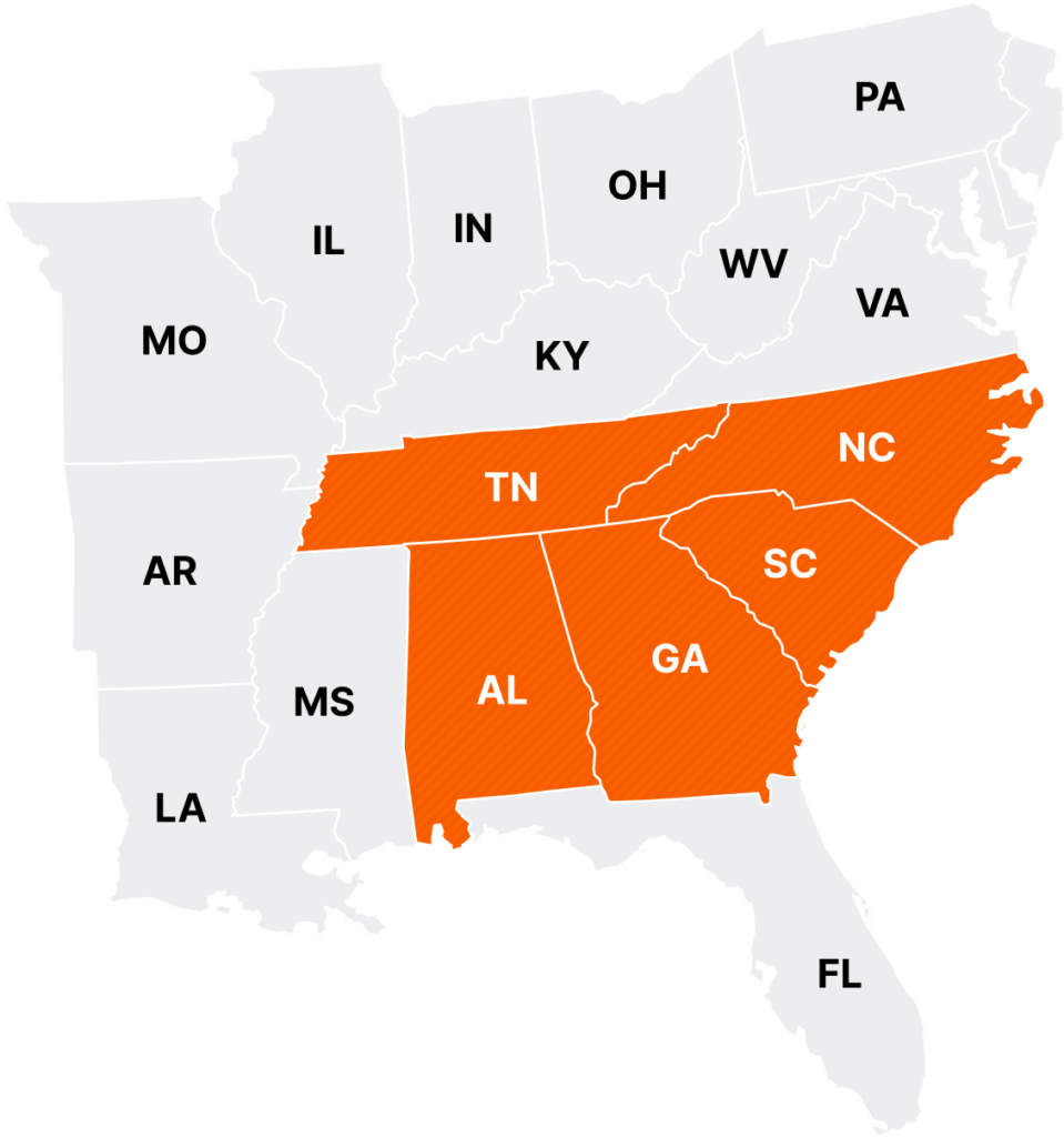 Map of the southeastern United States highlighting Playworld Preferred's service areas in Alabama, Georgia, North Carolina, South Carolina and Tennessee.